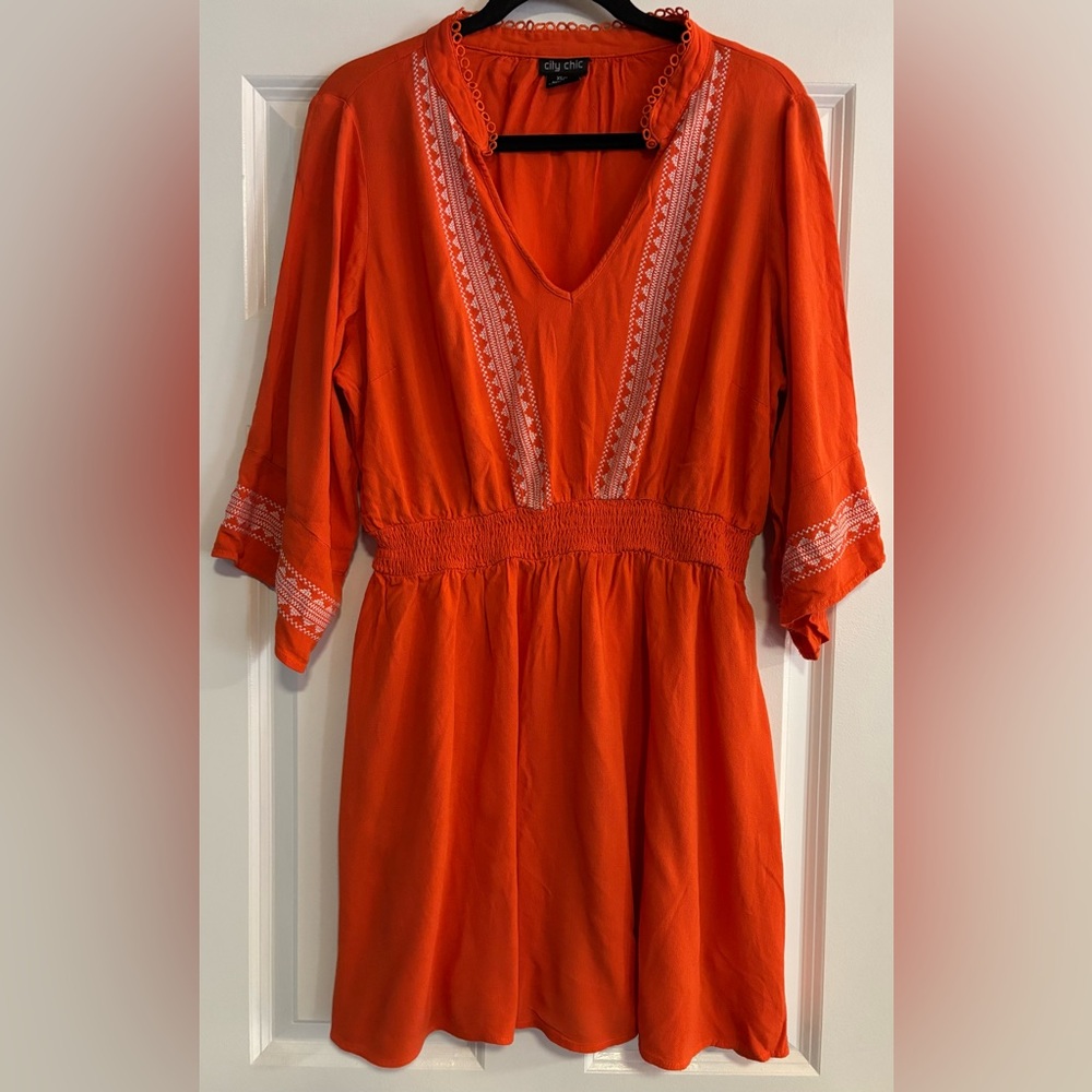 City Chic Orange Embroidered Boho Dress, size 14